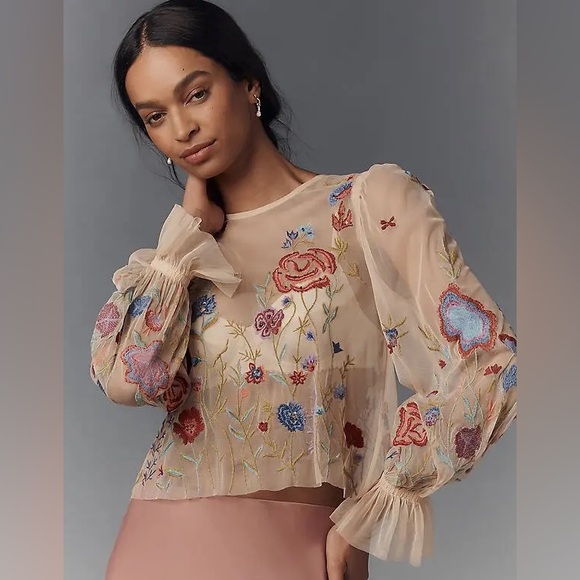 Anthropologie Tops - New Anthropologie The Layla Long-Sleeve Appliqué Mesh Blouse Size S